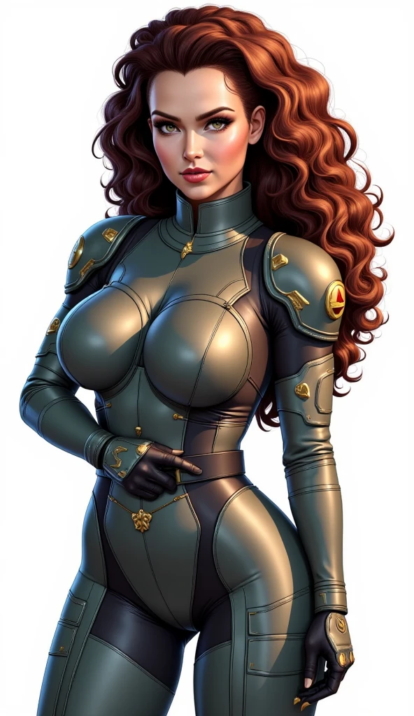 (pale skin:1.2), (white skin:1.5), ((front view:1.3)), pale face, (puffy lips:1.4), (gigantic breasts:1.4), ((gigantic breasts:1.3)), design sheet, masterpiece, (slendered abs:1.2) ,detailed , Forte Stollen typically wears a military-style uniform that reflects her role as a skilled officer. This uniform includes a form-fitting jacket with epaulets, insignia denoting her rank, and matching trousers. She may also wear gloves, and her ensemble is often accented with belts , utility pouches for a practical, combat-ready look, The color scheme is generally consistent with military aesthetics, often featuring shades of green, brown, or gray, shiny skin, beautiful lighting from the side, soft warm light,epic pose, hat, short red hair, dynamic movie poster, masterpiece, high definition, Extreme Detailed Portrait With Bokeh Effect , Realistic Lighting