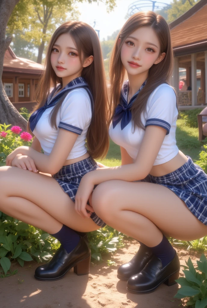 ulzzang-6500-v1.1, (top quality, masterpiece), (raw photo: 1.2), (photorealistic: 1.4), best quality, master, very tasty and beautiful, highly detailed CG, 8k wallpaper, amazing fine details, master masterpiece, official art, huge file size, high resolution, 2-3 girls, (snugly next to each other without separation between characters ), (There is no break in a single piece), s to 30s, (Representation of the human body based on accurate anatomy), Complex details, (Japan female student uniform), (Skirt length is shortened), (White panties), (All buttons are fastened), Blonde, (((Very large breasts)), (Very big breasts)), (Woman with very big), (Very large),(Cramped clothes), (No bra),( Areola color shows through), (big buttocks), (thin thighs), very beautiful eyes, bright ultramarine eyes, (detailed pupils reflecting light), (iris of the eye is painted in fine radial pattern detail), (the whites of the eyes are slightly darker), (the upper third of the eyes are shaded), natural eye shadows, glossy lips, the body is painted with realistic shadows assuming a light source, Pretty girl with mature beauty, whitening skin, baby face, (lined up with her buttocks sticking out backwards), blushing and very troubled expression or smile, many races, (skirt up), panties visible, long hair braided in part, hugging and touching cheeks with palms with people next to each other, holding hands, palm touching the cheeks of other subjects, (grabbing breasts), beautiful garden with flowers, clear sunshine,