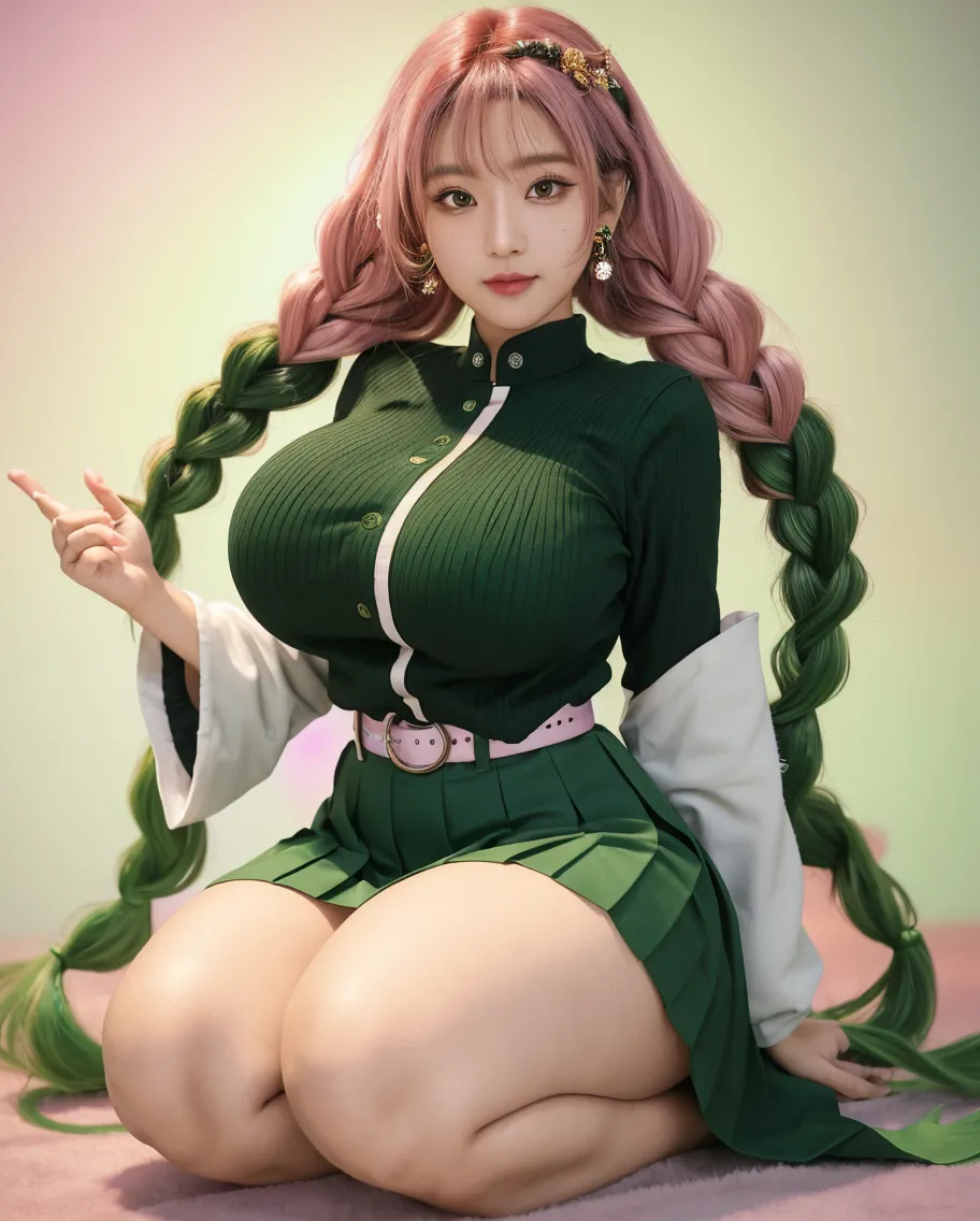 (((masterpiece+best quality+high resolution+ultra-detailed))), mitsuri kanroji\(demon slayer\), long light pink hair that fades into a lime green color at the halfway point, high nose, sharp eyes, noble and inviolable temperament, (([female]: 1.2 + [beauty]: 1.2 + pink long hair: 1.2)), japanese minka background, dynamic angle and posture, pale green eyes with long eyelashes, she wears a heavily modified pink tinted version of the standard Demon Slayer uniform along with a plain white haori, the chest area of her uniform is left unbuttoned and she wears a short pleated skirt in place of the usual tattsuke-hakama pants, she wears a pair of navy blue thigh-high socks layered with the vertically striped lime-green socks.