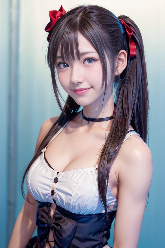 Super beautiful CG、One Girl, ponytail, smile, Brown Hair、Deep blue eyes、Big ribbon、Close your mouth