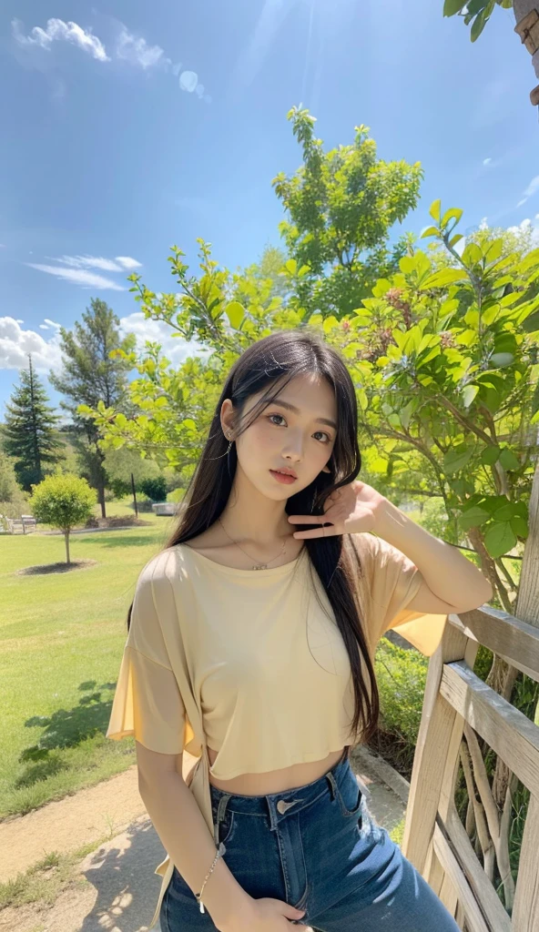 ((Best Quality, 8K, Masterpiece:1.3)), a beautiful girl, pure, melon face, gentle and cute, thin figure, (frontal), (tilted head), looking directly into the camera, [detached sleeves::0], [collared shirt::0], [capri pants::0], black silky long straight hair, long hair flowing over the shoulders, round black big eyes, clear big eyes, moist red lips, sweet, sitting by the pond, blue sky and white clouds, sunshine ,, idyllic background