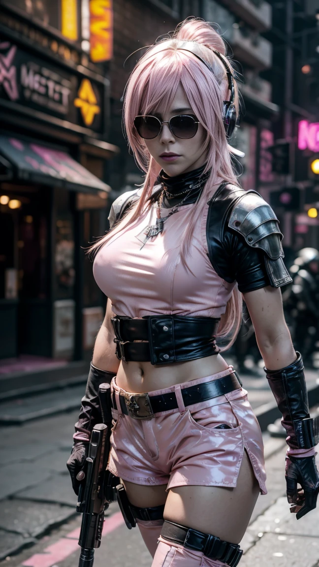 cyberpunked　girl with　smil　pink bodysuit　Pink leather pants　a blond　Leather Jean