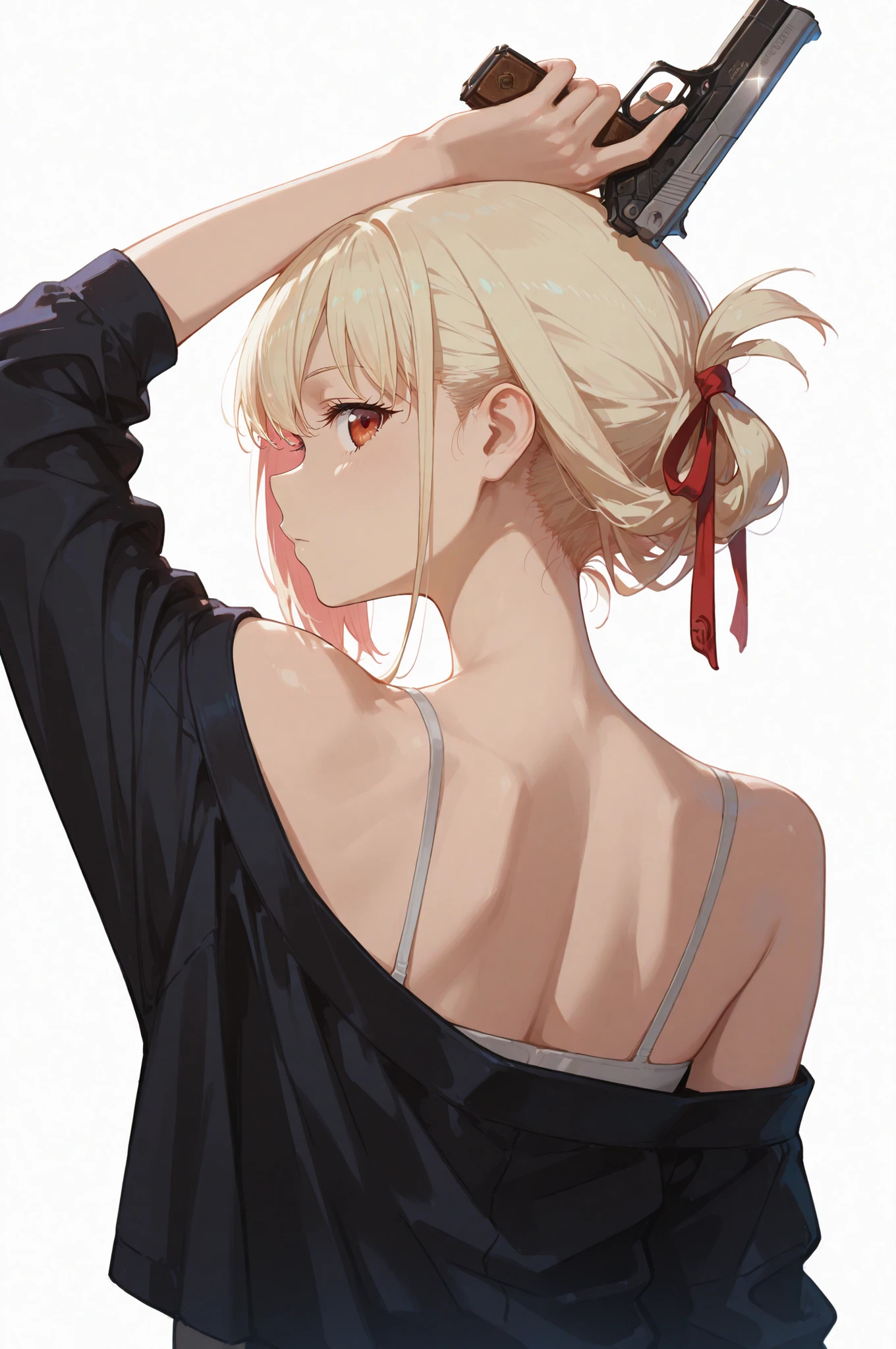 Optimal，masterpiece，High resolution，highest quality，hyper hd，Super detailed，award-winning，16k，alone，（Upper body），correct anatomy，Beautiful Cyberpunk Girl，(cowboy shot)、cute face，，blonde、long hair、twin tails、Braid, hair line，（（scarlet eyes）），long eyelashes，drooping corners of the eyes，white skin，((shoot from behind)), ((See-through camisole:1.5)), ((transparent nipples))、rocket tits , ((big breasts:1.2)),（because I&#39;thin），