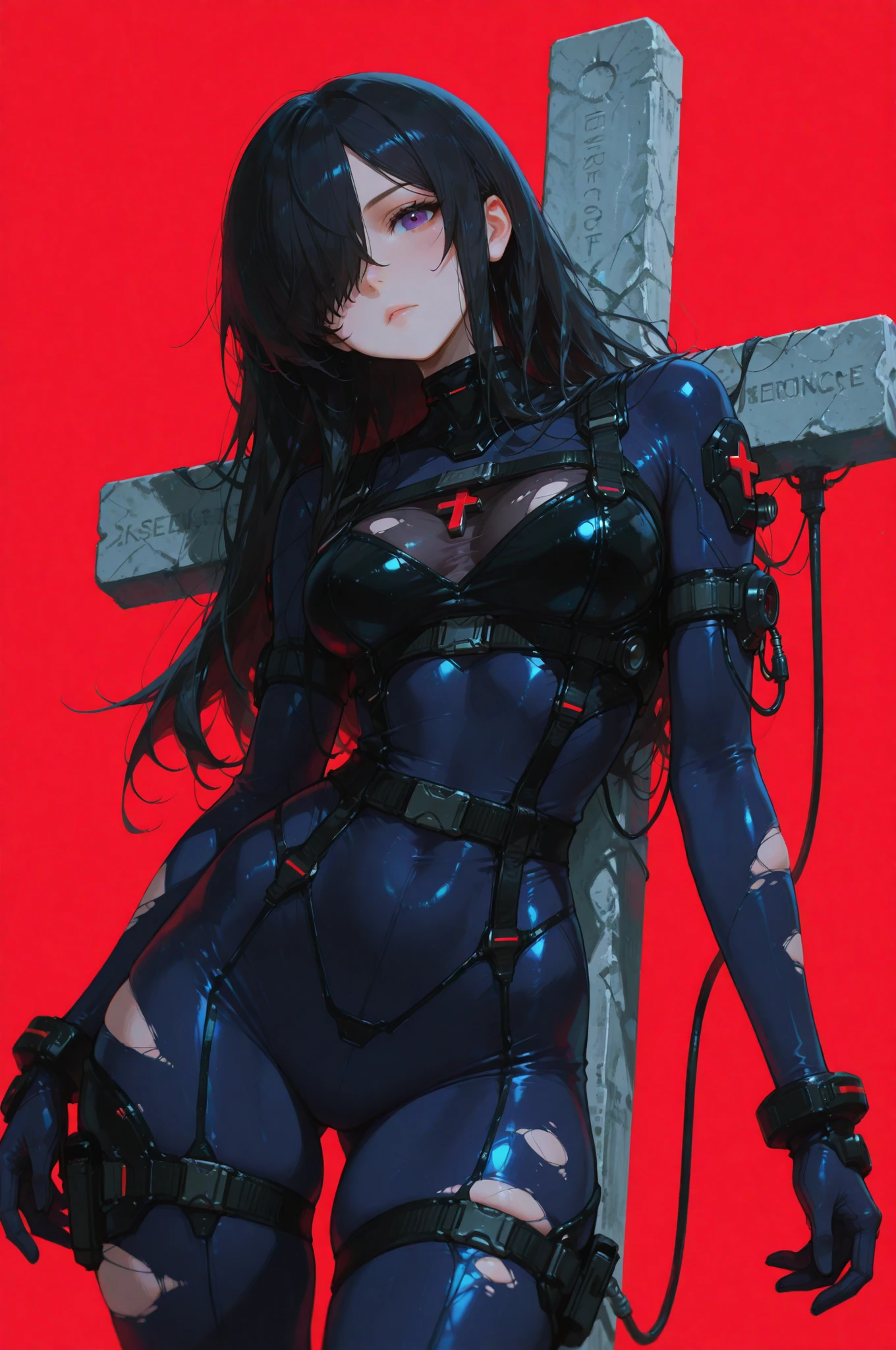 1 girl, NSFW, Yamashiro ren,(Mato Seihei no Slave), yamashiro768, clavicle, glowing red eyes,absurd, brainwashing,empty eyes,  huge breasts,erasure of emotions, No expression,(black latex tight bodysuit),look away , 全身figure, ((stand up,salute,)),(highest quality、4k、8k、High resolution、must have:1.2)、Super detailed、(reality、realisticです、realistic:1.37)、ticker、hyper hd、studio lighting、ultra definition paint、sharp focus、Physically based rendering、extreme details、Professional specifications、vibrancy and color、blurry、sports portrait、landscape、horror style、anime big breasts、SF、photograph、concept artist、five fingers, perfect body,  {{{masterpiece}}}, {{{highest quality}}}, {{super detailed}}, {figure}, {{very delicate and beautiful}},Promoting cost performance、all roles、Canon 5D MK4でphotograph、photograph, 