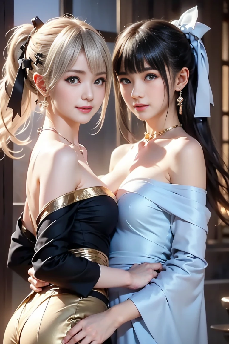(巨作), Best quality, Ultra-detailed, (2 Asian women wearing blue dresses) photographed together, (thin and beautiful goddess-like women), porcelain Japanese body model, (beautiful and charming anime women), (Ruǎn jiā and artgerm's style), (beautiful sci - fi twins), 8k high-quality detailed art, (Japanese goddess) in full xianxia attire, perfect woman statue, (Sexy dress),(Dynamic pose),(Blue eyes:1.2), (Black hair), volumettic light.