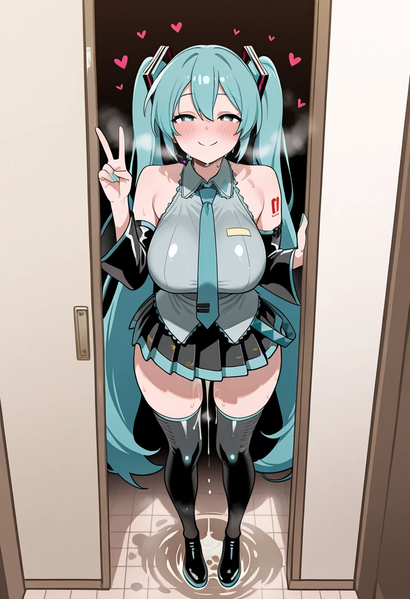 masterpiece, high quality, detailed eyes,
1girl, (hatsune miku:1.1), aqua hair, aqua eyes, ( huge breasts:1.0), glistened skin ,tall, leggy,long legs,dark skin,oiled skin, shiny skin, navel, erect nipple, cleft of venus, huge areolas, nude, caught, surprised, caught naked, home corridor