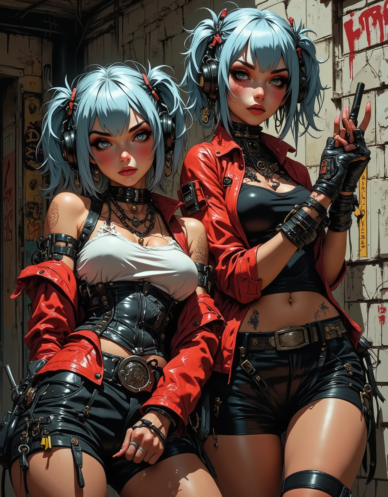 Two bright, daring, apocalyptic, cyberpunk European girls- Pop idols, 20 years old, standing in a curved defiant pose against an old brick wall, cracks, old paint,disheveled, faded blue-gray hair, smudged makeup, smoky eyes, headphones, red leather jacket,leather corset,rocker T-shirt, ripped denim shorts, muscular, clapping sticks in her hands, leather accessories, metal decor, chains, rivets, necklaces, piercings, graffiti on the wall, side accent light, diagonal bottom corner, detailed graphics, harsh, post-apocalyptic setting, stylized digital art, advertising