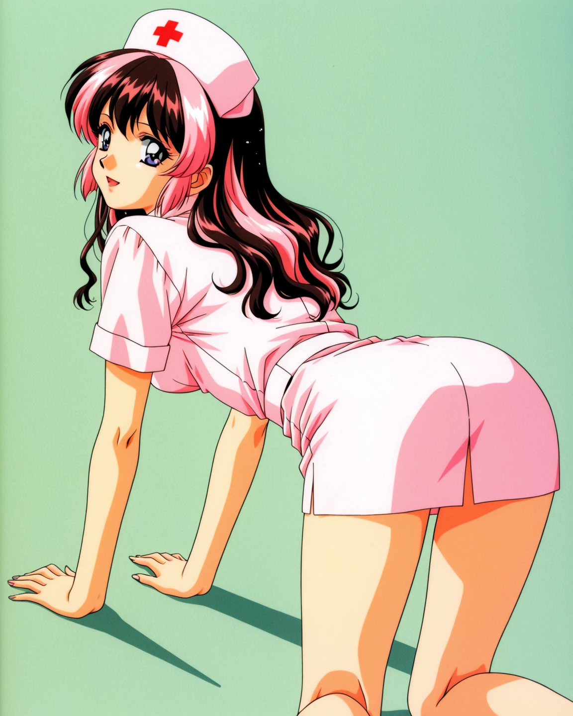 (1980s anime), infirmary, curtains, 1woman, nurse uniform with pink stockings and garter belts, lying, hospital bed, masterpiece, absurdres, extremely detailed