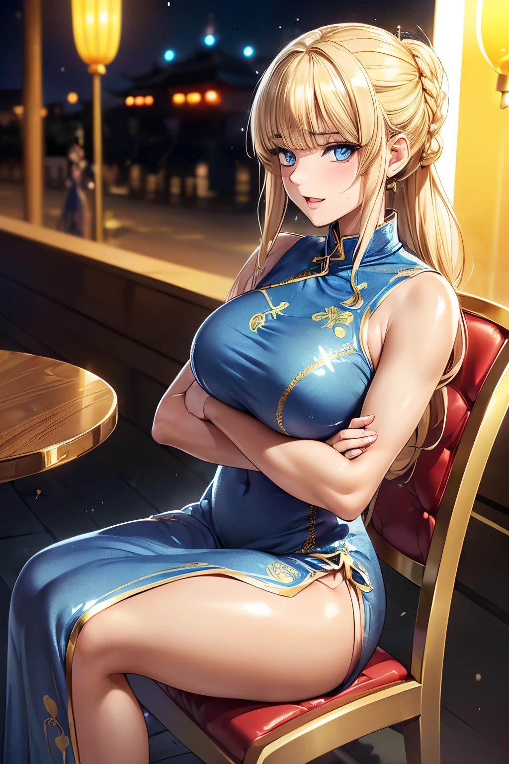 (masterpiece:1.3, Highest quality, Ultra-high resolution, Super detailed), (Realistic, photoRealistic:1.4), Beautiful illustrations, Perfect lighting, Natural light, colorful, Depth of written boundary, Surrealism, 
View your viewers, 1 Girl, 16 years old, 7 heads, Perfect Face, (Perfect Anatomy), Cute and symmetrical face, Baby Face, Shiny skin, (Ideal body proportions), 
(Mid-length hair:1.5, Side Ponytail:1.2, Blonde), Hair between the eyes, Dark blue eyes, Long eyelashes, (Large Breasts:1.2, Captivating thighs), thin, Small Ass, thin脚, 
Beautiful Hair, Beautiful Face, Beautiful attention to detail, Beautiful clavicle, Beautiful body, Beautiful breasts, Beautiful thighs, Beautiful feet, Beautiful fingers, 
((Sleeveless Blue Mini Cheongsam)), Blue High Heels, 
(Beautiful views), evening, (bar counter), (smile:1.5, happiness), 