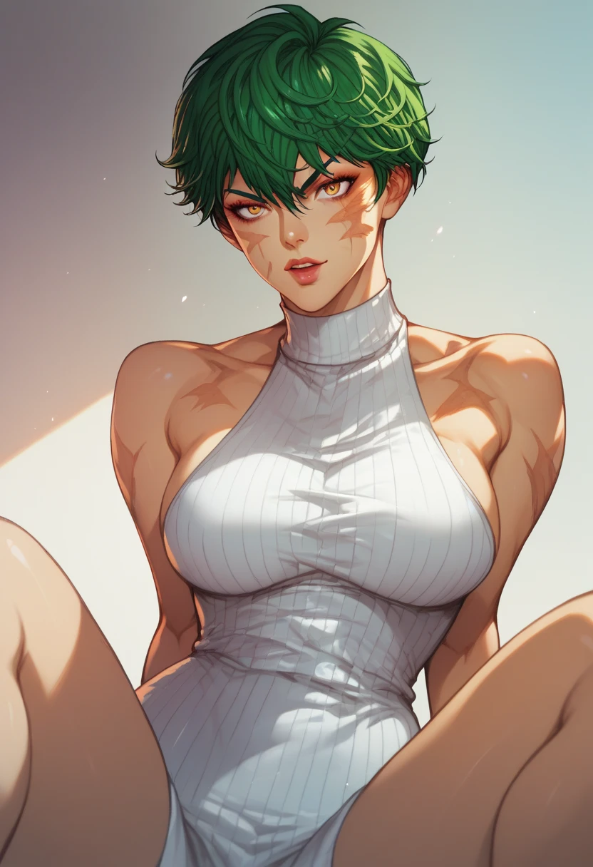 sexy beautiful woman, small woman, one woman, naked, no bra, no top clothes, no shirts, wearing black panties, breasts exposed, small breasts+18, (nsfw), thick legs, sensual pose, green hair, green eyes, short hair