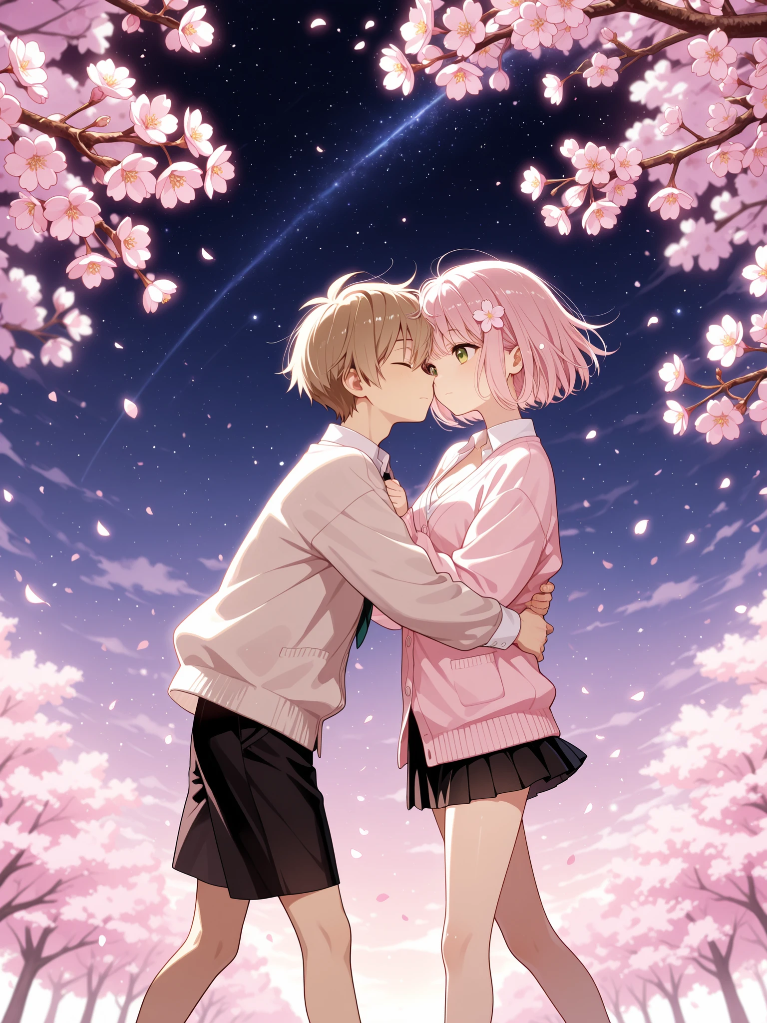 Masterpiece: 1.3), Best Quality, 2 girls, 18 and 10 years old, white and pink hair color, delicate, rooftop, spirit, sunset, kissing, sailor suit and JK costume,

