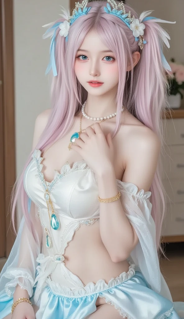 Light blue and pink color scheme，sexy girl，，，white curly hair