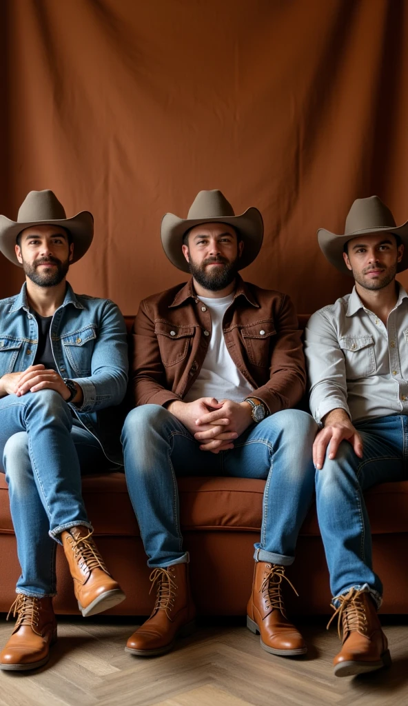 Young handsome cute white skin soft skinny beautiful in a cowboy bar sitting on armchair with 3 handsome men beside him