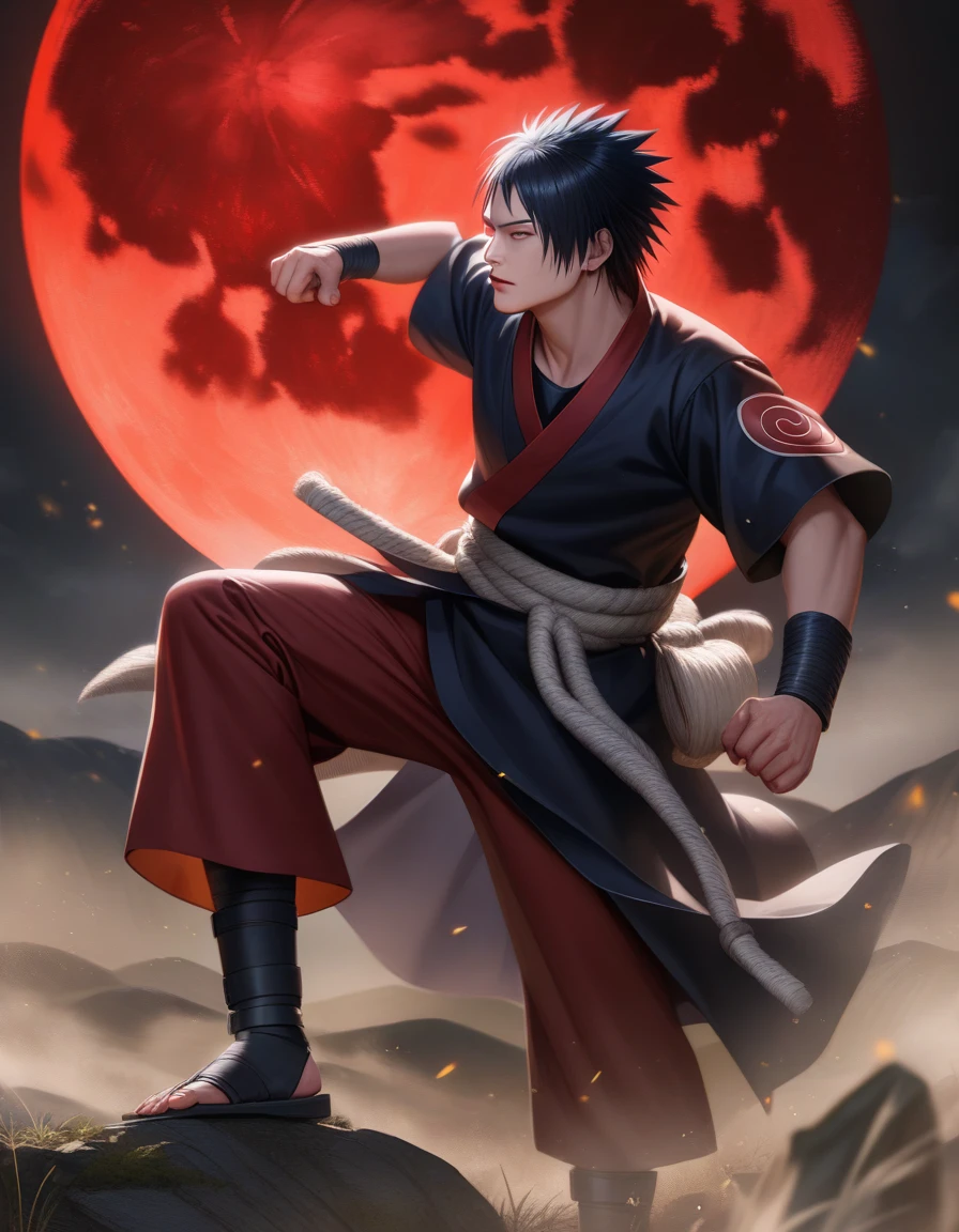 absurdres, highres, ultra detailed, HDR, masterpiece, best quality, Ryomen Sukuna, black hair, expressive red eyes, Jujutsu Kaisen, solo, sexy man, handsome, black scarf, white kimono, red blood water, purple moon, magical, pink hairs, yuji Itadori's body takeover, no watermark, serious, dynamic pose, realistic style, 3d cg model