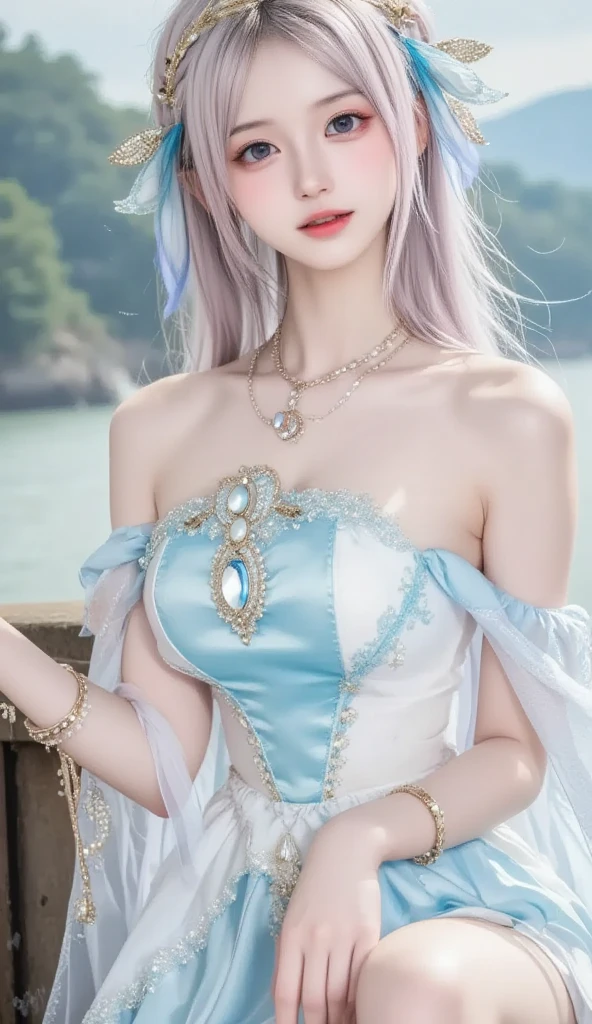 (((the sea,blue-sky))),((Best Quality, 8K, Masterpiece: 1.3)), 1girl, Slim Abs Beauty: 1.3, Beautiful princess dress,Leaking out of both shoulders,(Hairstyle Casual, Big Breasts: 1.2), Dress: 1.1, Super Fine Face, Delicate Eyes, Double Eyelids, Smile,Glows in high detail, white backgrounid, industrial design, studio lit, C4D, OC renderer, Clean shadows, 4K