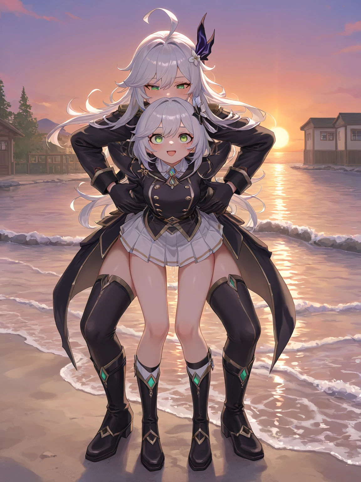 Ishtar and Ereshkigal, two anime girls dressed in costumes and holding hands on their hipss, characters from azur lane, anime maids riding early tanks, from the azur lane videogame, two beautiful anime girls, azur lane style, ecchi anime style, official anime artwork, range murata and artgerm, anime girls, maid outfit, black-white skintight robes!