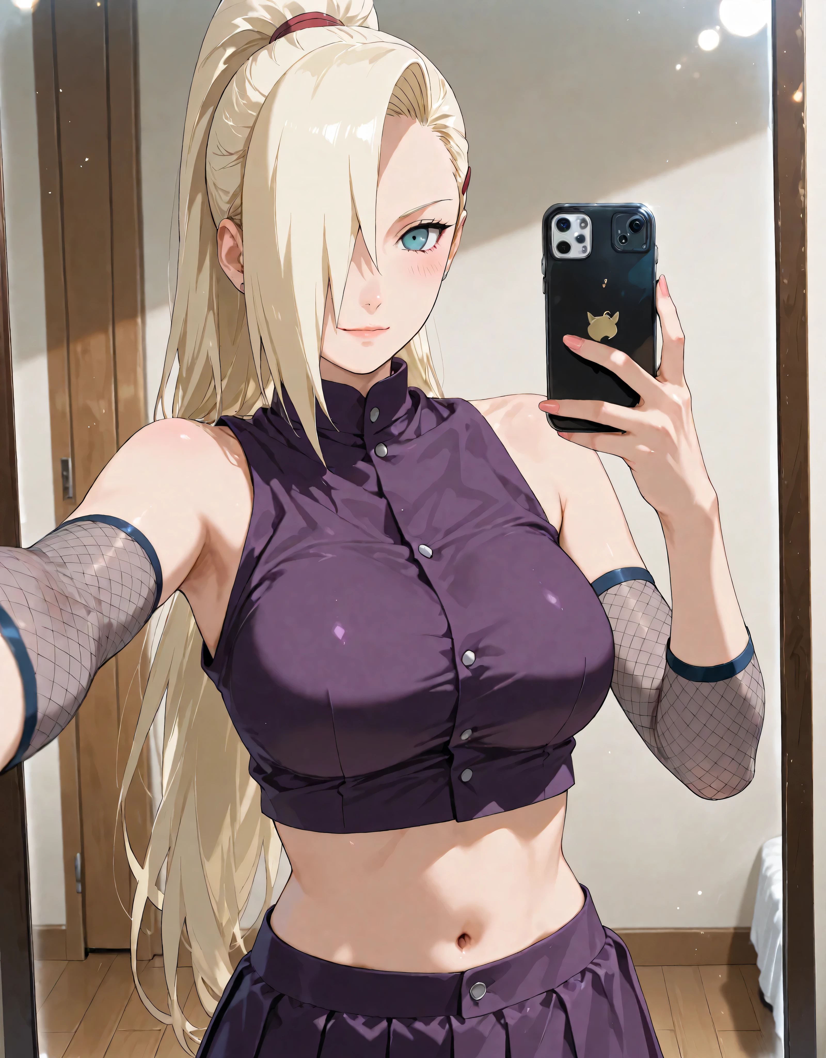 score_9, score_8_up, score_7_up, score_6_up, uncensored. An ultra-detailed 8k manga illustration, (Erotic Portrait of an alluring) character "Ino Yamanaka" from Naruto. InoShipuuden, ((One girl)), blonde hair, high ponytail, hair over one eye, midriff, navel, purple skirt, fishnets, crop top, breasts, blue eyes, bare shoulders. Semi-Naked, taking a selfie photo in front of the mirror.