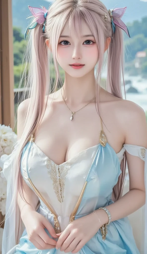 Beautiful big breastokeh), indoors, detailed luxury living room, gentle and charming beautiful goddess, solo, necklace, (pink hair, pink eyes, short hair), oval face, double eyelids, smart, good hands, good feet, Natural, (from below angle), (glossy skin:1.05), ((low angle)), Perfect figure, (64k, UHD, RAW photo, best quality, masterpiece:1.4), (realistic, photo-realistic:1.37), ultra high res, photon mapping, radiosity, physically-based rendering, professional soft lighting