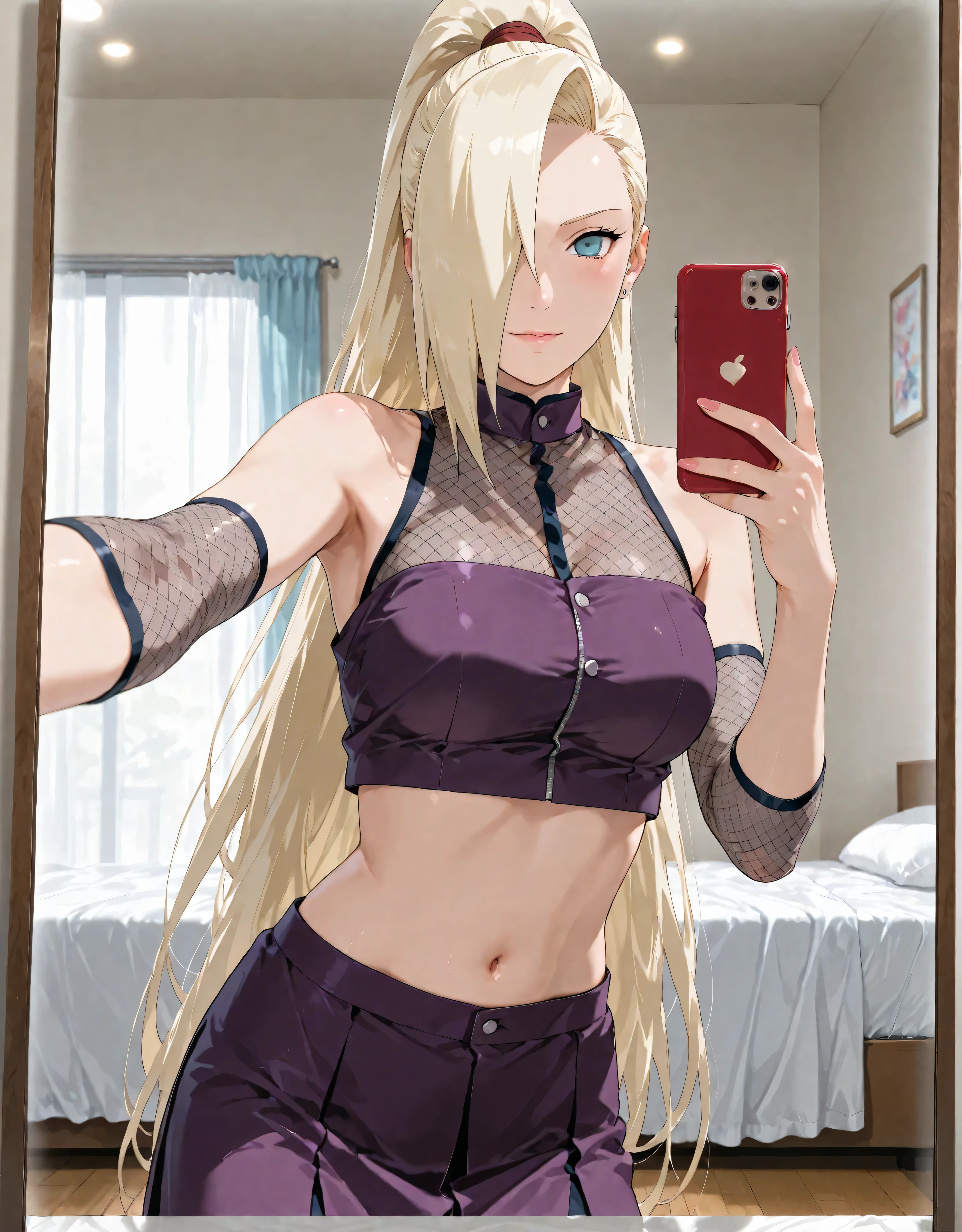 score_9, score_8_up, score_7_up, score_6_up, uncensored. An ultra-detailed 8k manga illustration, (Erotic Portrait of an alluring) character "Ino Yamanaka" from Naruto. InoShipuuden, ((One girl)), blonde hair, high ponytail, hair over one eye, midriff, navel, purple skirt, fishnets, crop top, breasts, blue eyes, bare shoulders. Semi-Naked, taking a selfie photo in front of the mirror.