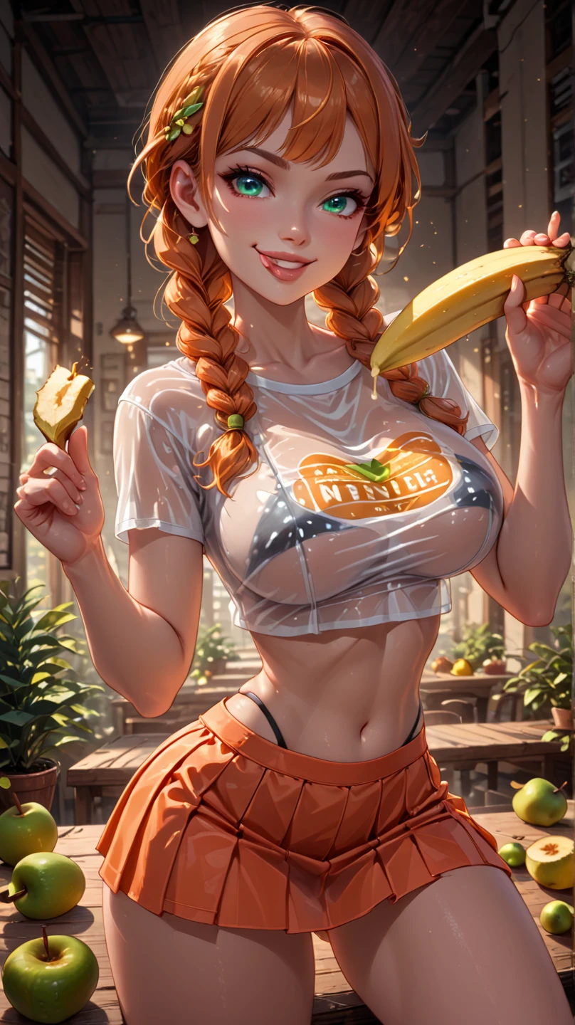 1girll,Eating bananas,Be red in the face,Various hair colors,Various hairstyles,crisp breasts,Convex buttocks,perspire,Get wet all over your body,perfectly proportioned, Cinematic lighting, filmgrain, Fujicolor, lightand shade contrast, 8K, 巨作, Textured skin, Super detail, hoog detail, High quality, A high resolution,