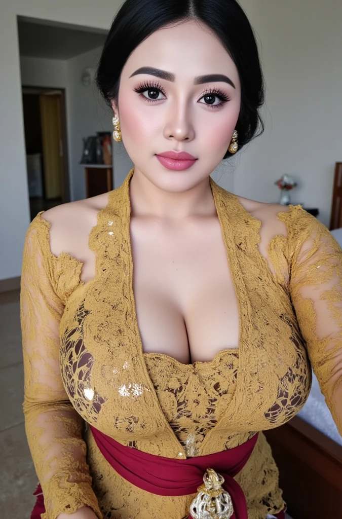 ((looking at camera)), (WDR), detailed face, 1girl, solo, fashion-girl, mature girl, cute, sweet, girl wearing Sundanese kebaya, silver kebaya and brown floral pattern long skirt, batik culture, Indonesian Culture, Indonesian Art, Indonesia palace background, sexy, exotics, large breasts, cleavage, open breasts, busty, voluptuous, curvy, thick, chubby