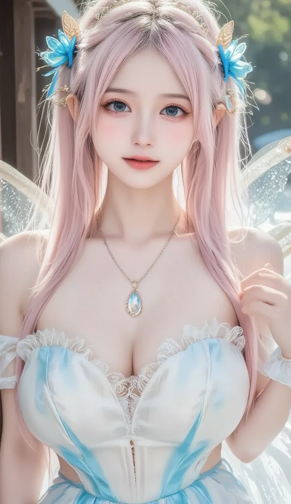 a faery with white and pink hair and neon wings, in the style of dc comics, sexy transparent lingerie, at a magical roof top garden, bubble party, expressive, absinthe, properly dressed, hyper-detailed, close-up shot, warm color grading, bokeh, sharp focus, award-winning photograph, NSFW