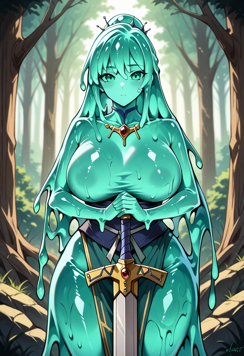1girl,solo,pink eyes,green hair, Slimecore, monster girl, slime girl, colored skin,blue skin,huge breasts,crown,throne, ,cape,dress