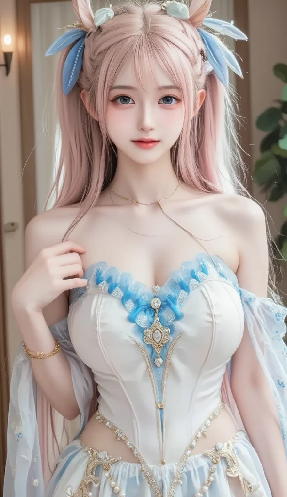 ((realistic illumination,top-quality,8K,tmasterpiece:1.3)),Clear focus:1.2,1womanl,Beautiful Women with Perfect Figure:1.4,Yushuxin,1girll,shift dresses,独奏,A pink-haired,jewely,long whitr hair,耳Nipple Ring,Bow knot,long skirt,naturey,exposed bare shoulders,Airless Gainsboro,long skirt,Hair Bow,ln the forest,Pink bow,No shoulder strap,choker necklace,tilt of the head,wavey hair,straplessdress,Lace sleeves,Beautiful virgin,beautiful Korean women,Princess with a crown on her head,cute elegant pose,Bell Delfinn,Wearing a pink dress,beautiful fantasy maiden,Anime princess,beautiful and seductive anime woman,Beautiful Asian Girls,attractive anime girls,elegant glamourous cosplay,(Lie down in bed:1.8),(Beautiful sphere articulated doll:1.3),Luxurious princess dress,Show beauty ,Posture obscenity,bare thighs,No chest covering,The chest is fully exposed,Slim waist,Slender long legs,