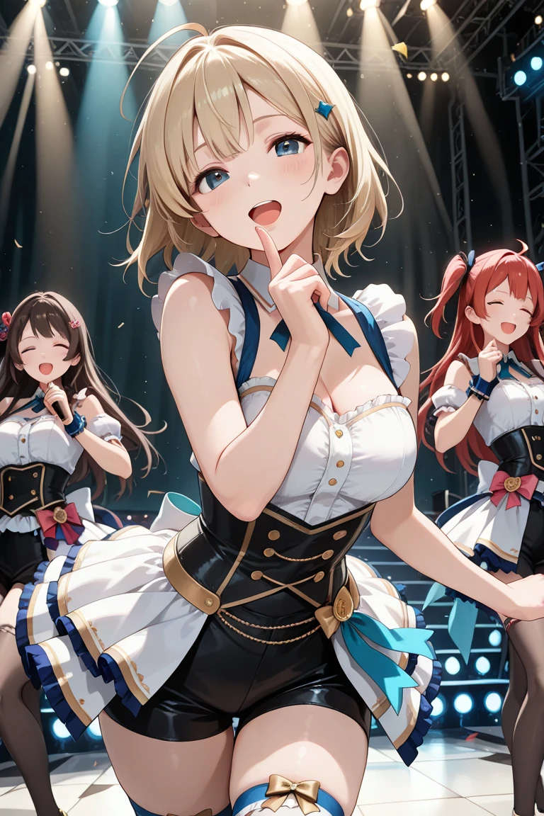 masterpiece, Highest quality, Beautiful face and eyes in every detail, Two Girls, Cute idol, Cool Idol, Event Stage, Cool idol costumes, sing, Laughter,Large Breasts(Huge breasts:1.8)