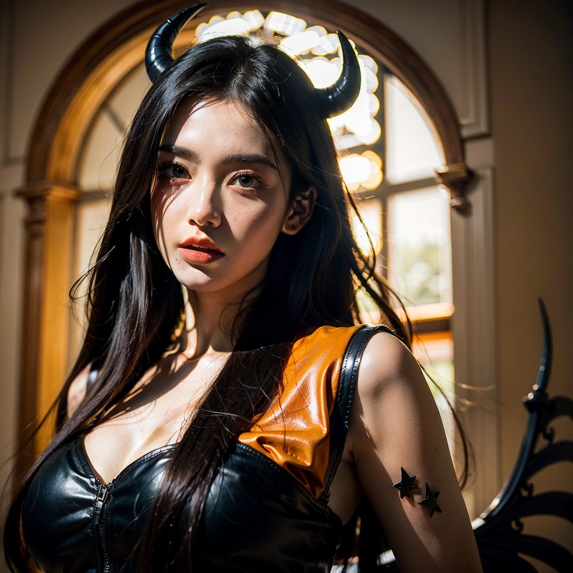 Demon woman wearing a golden leotard standing up, blood on her face, horns, horror, dark background, studio lights, dramatic lights, ultra detailed, photorealistic, masterpiece trending on Artstation.