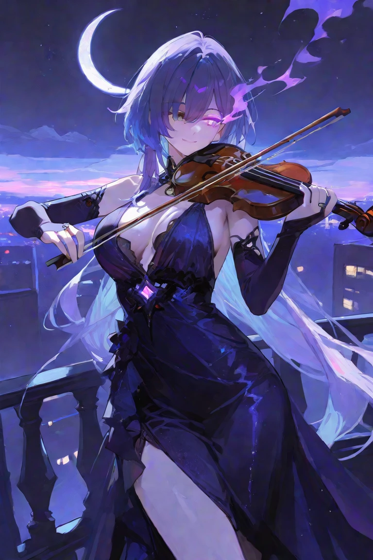 realisticlying，2girl，Blue hair，Purple eye，glowing light eyes，Cut the top，a skirt，parted lip，Be red in the face，the night，fresh flowers，suns，rays of sunshine，violin