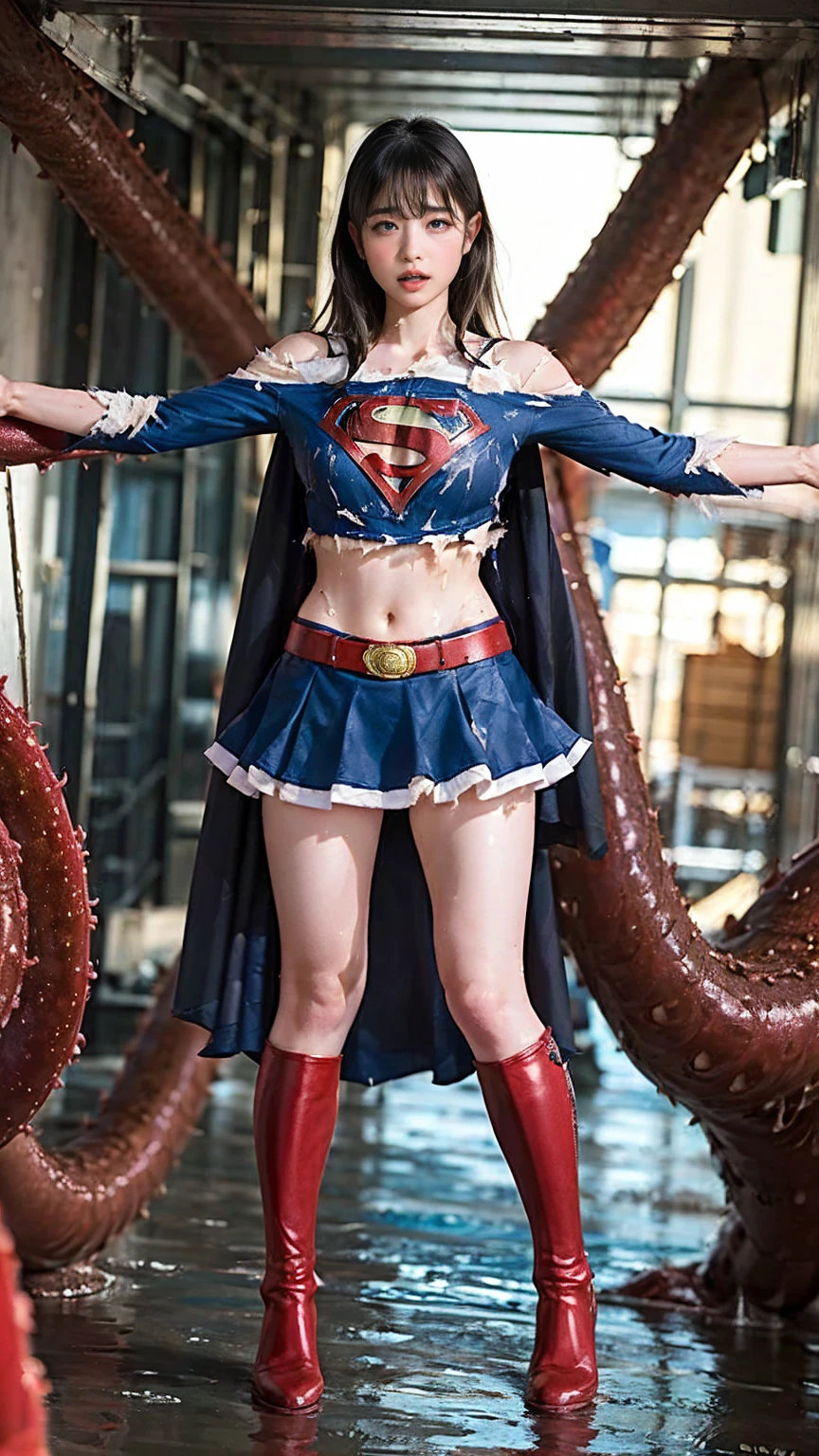 (8k、Highest quality、masterpiece:1.2)、(Realism、Photorealistic:1.37)、Ultra high definition、(Highest quality)、(masterpiece)、Supergirl trapped by tentacles、(Perfect fit body、Perfect fit、Perfect Thighs)、(((Wearing the Supergirl suit、skirt、Damaged、Torn、Thighs in Torn clothes、 Exposed arms)))、Long Hair、Long Hair、(((Tattered clothes、Too much exposure、Torn clothes、引き裂かれたskirt、ボロボロのskirt、White liquid all over the body、White liquid sticks to the body、 on the face、胸に白colorの液体、)))、(((The background is a prison、Hands clasped behind head、Surrounded by tentacles、The body is connected by many tentacles.、Hands bound by tentacles、The legs are tied with tentacles、Tentacles groping the whole body、color々Mature woman posing))),(Open your mouth、Scream、painでうめき声をあげる, painを感じ, Flowing Tears:1.5), pain, Painful and crying、A meat stick is stuck in his crotch、