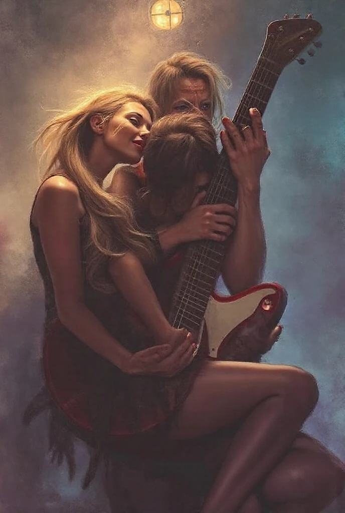 Young asian guy, grabbing Cute Indonesian girl big breast, long hair,  nude, holding a plain light blue sky maple stratocaster 