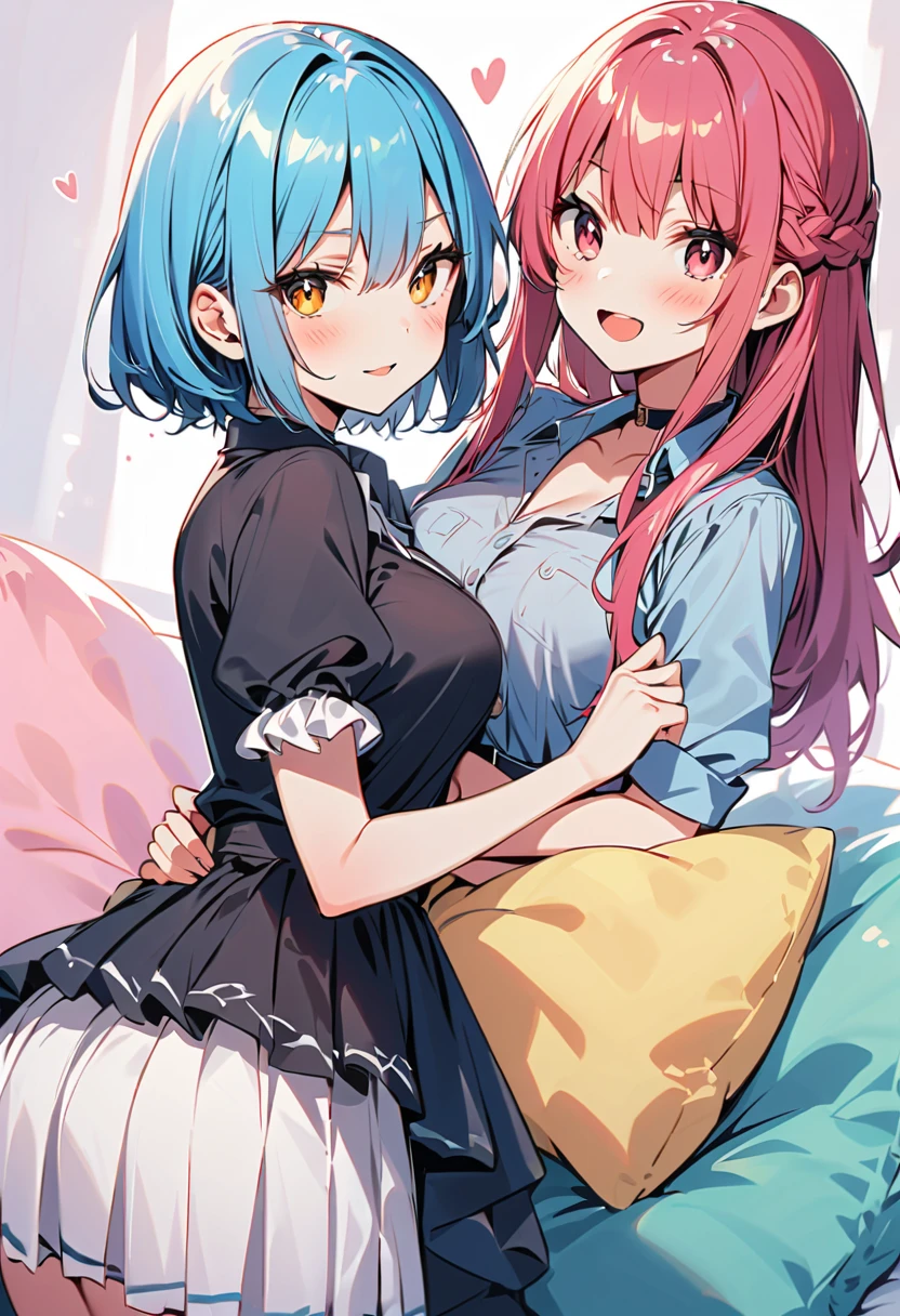 Two girls Eroi Dresses They hug each other and capture one person. breast smothering On a plush bed Lovely room large full breasts