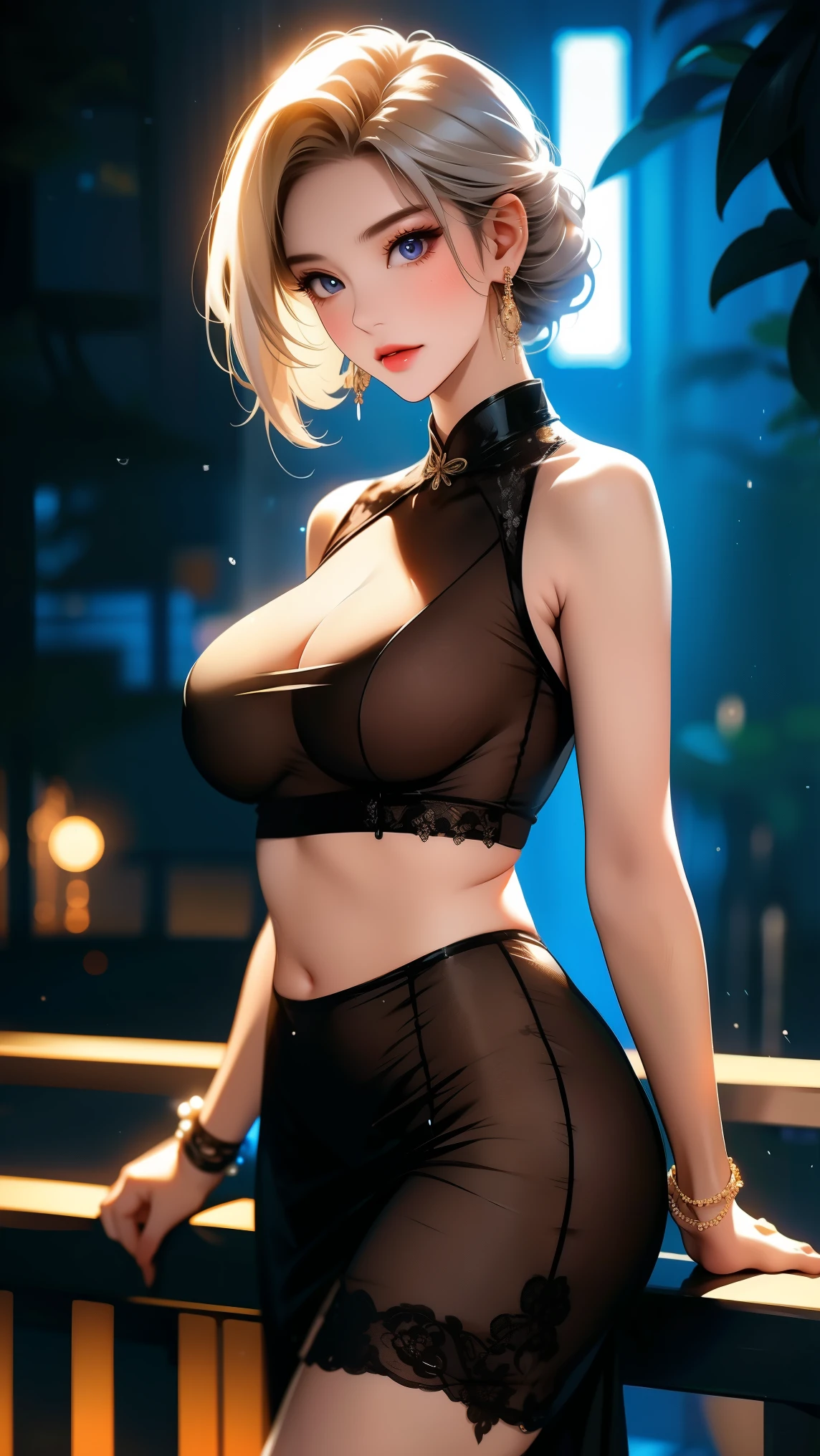 Beautiful short gray hair girl is shown to have a athletic figure, tan skin, sassy look, hair band, hair bow, she is wearing a beautiful sexy dress, gray eyes, girl standing in a gala ballroom, sexy session, putting her hands on her waist, poseing, exposed cleavage, close up shot, superior quality, many details, realistic