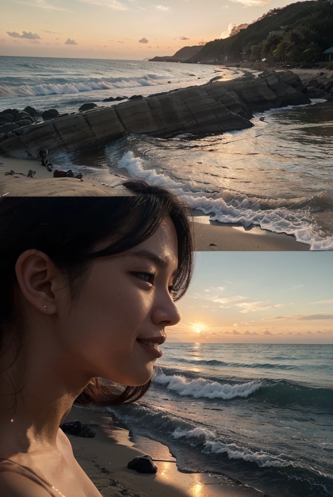 Highest quality, figure, Very detailed, In detail, High resolution, 8k wallpaper, Perfect dynamic composition, Beautiful attention to detail, Wear a dress, Natural color lip,Beach, ランダムでcuteポーズ, Kissing Face,close your eyes,Face Kiss Viewer,Perfect and beautiful face,cute,Sexy Face,sunset,Ecstatic face,Feminine face,Expression of excitement and climax during sex