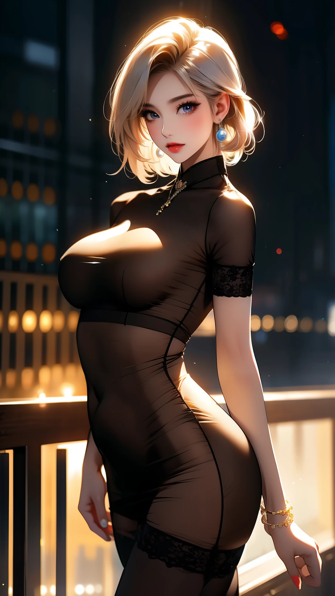 Professional, High level of detail, Full body photo of blonde (attractive 45yo woman:1.3), (classy stylish bob haircut)1.3, gray eyes, (neon red-colored tight opened shirt)1.4, (black skirt and stockings)1.455,natural lighting, (seductive:1.1), (blushing:1.1 ), (classy, elegant, dandy)1.2, (big natural breasts)1.2 (pokies)1.3, (toned body, hourglass body shape) (wipe hips), (full body with visible face and eyes)1.5