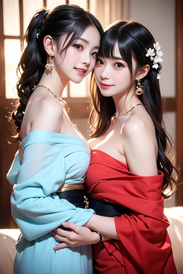 a couple of lesbians,Woman in red Lehenga, Sitting on the lap of a woman in a blue harem costume, making out, agressive,(Realisticity: 1.2), Best quality,(Urzang-6500-V1.3,PureFace_V1,rendering by octane)