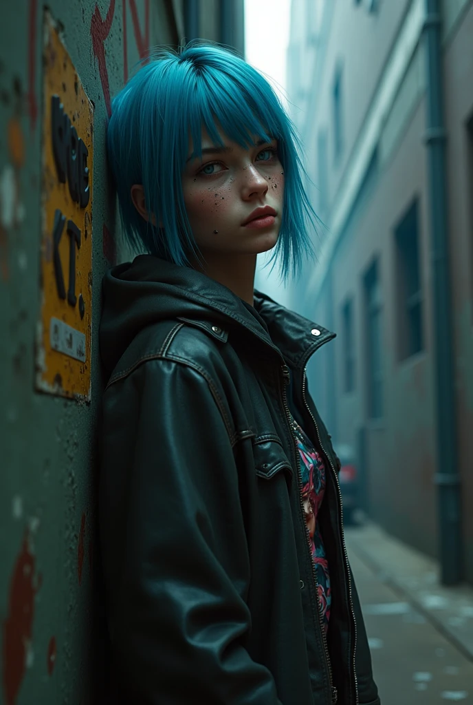 (photorealism:1.2), beautiful woman, withj blue hair , dressed with college clothes in post apocalyptic city with dirty and blood in face ,post apocalyptic city in backgroun night 
