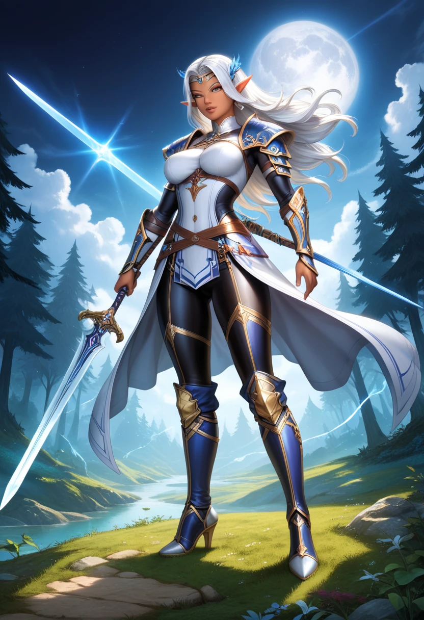 (((masterpiece, best quality, high detailed, 8k))) Design a layout showcase Gaming character, (1girl). Blue|Silver clothes, stylish and unique. ((showcase weapon:1.4)), bow and arrows. (masterpiece:1.2), (best quality), 4k, ultra-detailed. (Step by step design, layout art:1.5), (luminous lighting, atmospheric lighting). archer, ((glove full hands)), (((revealing clothes:1.3))), vambraces, armored legwear, (((full_body_shot:1.4))). {On a snowy mountain}.