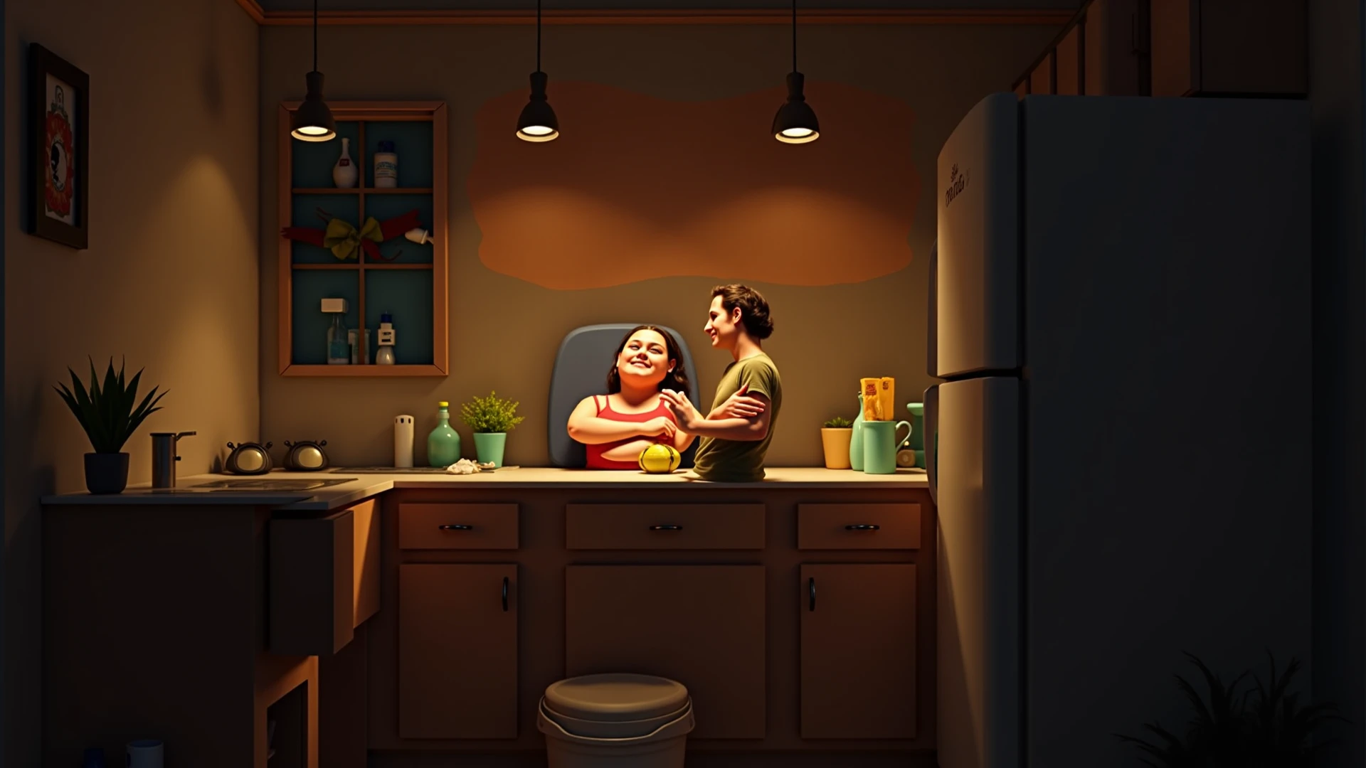 2 cartoon animated  oldies characters  one is lamp girl and second one is light boy with body but  not a human face and not look  like human normal face not smiling sitting in the couch position