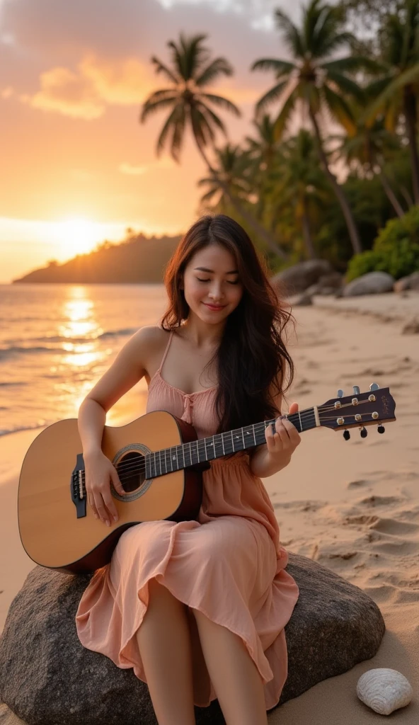 Full body photography, full body sight, Beautiful Asian girl 16 year old, long black messy hair, playing guitar, sitting at the rock of a beach, she is looking to camera. TAGS: beautiful girl, playing the guitar, tourists, lively atmosphere, Ruas movimentadas, swirly vibrant colors, street art, cultural experience