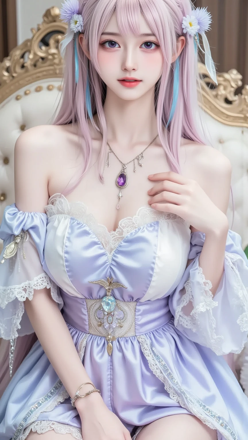 Irish  woman, anime, cute, beautiful, high quality, night, 8k, long waist length light pale purple hair, green eyes, red lips, eyelashes, (blue) blouse, blue jeans high neckline, off the shoulder sleeves, crying, large fairy wings, elf ears, sitting on a couch crying, large colorful fairy wings