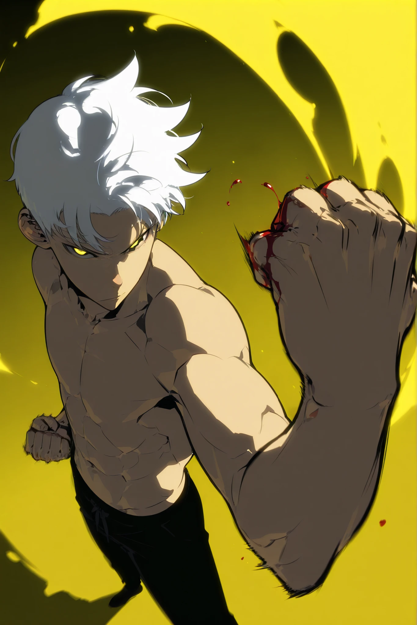 Handsome, Athletic, alone, male, Short spicky hair, long white hair, black yellow eye, no shirt, black pants, , intricate sketch, expressive eyes nose and mouth, Abs, simple pose, clench fist, martial art stance, blood on his fists , perfect Anatomy , punching pose, perspective, dutch angle