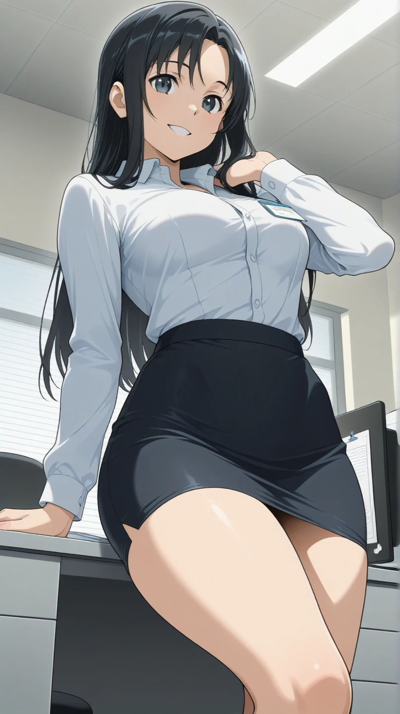 masterpiece, best quality, high definition images, atmospheric perspective, expressive eyes, perfect face, ultra detailed, solo, 1mature seductive woman, alluring pose, office lady, luxury, black semi long straight hair, simple glasses, elegant business suits, jacket, blouse, cleavage, pencil skirt, tight mini skirt, spread legs, panties, curvy, thighs, silk panties stockings, high heals, stern expression, shy, open mouth, from below, in office, at night,