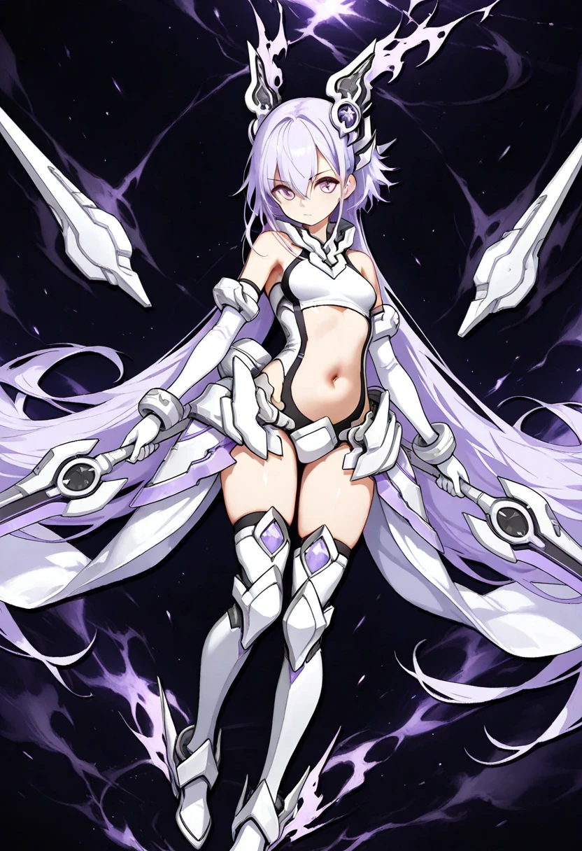 A girl in a battle tech costume, purple double ponytail twists, knee-high boots, White background