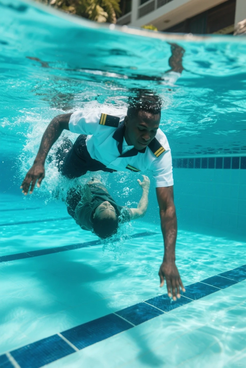 Male  in white polo tucked in black trousers swimming 