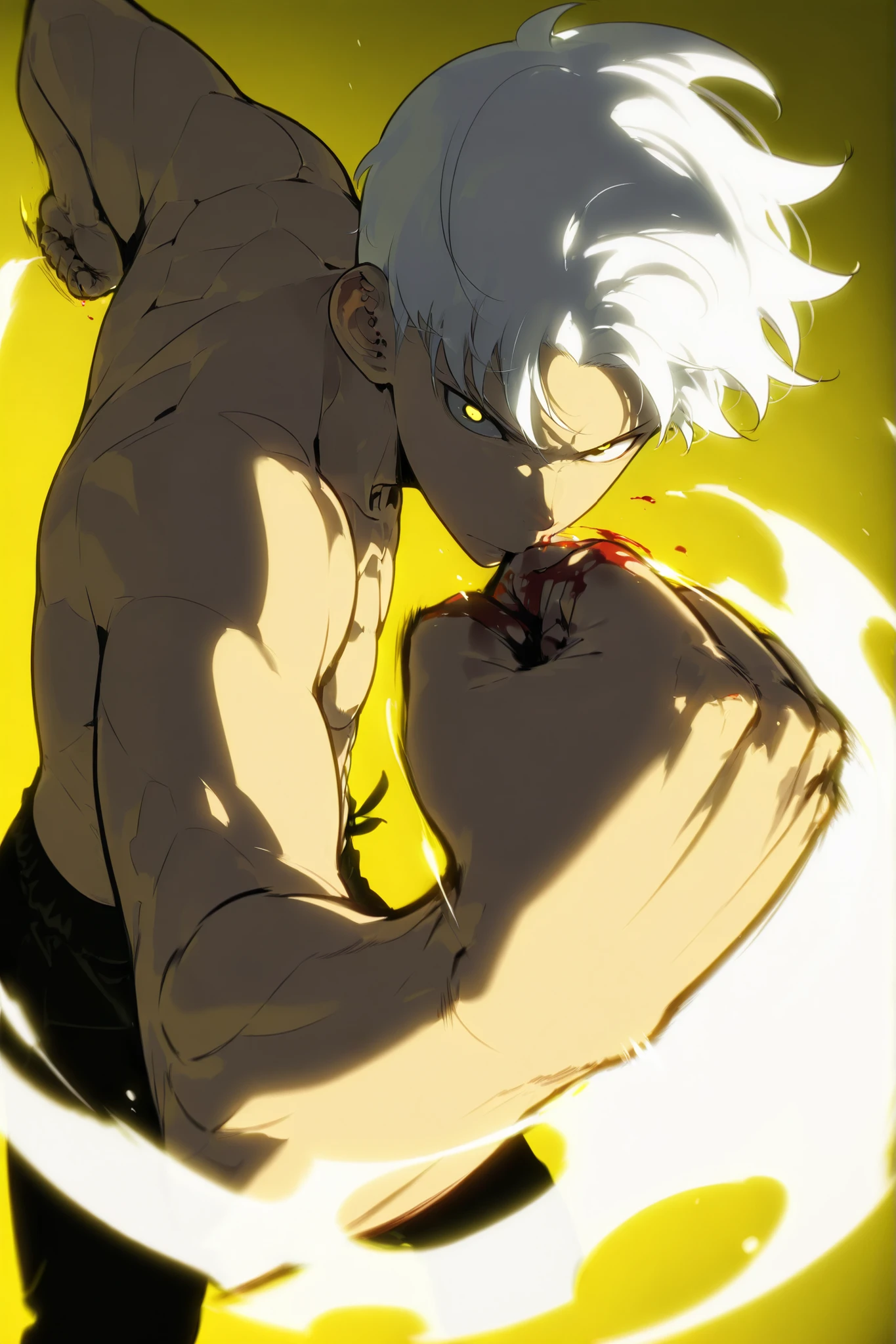 Handsome, Athletic, alone, male, Short spicky hair, long white hair, black yellow eye, no shirt, black pants, , intricate sketch, expressive eyes nose and mouth, Abs, simple pose, clench fist, martial art stance, blood on his fists , perfect Anatomy , punching pose, perspective, dutch angle