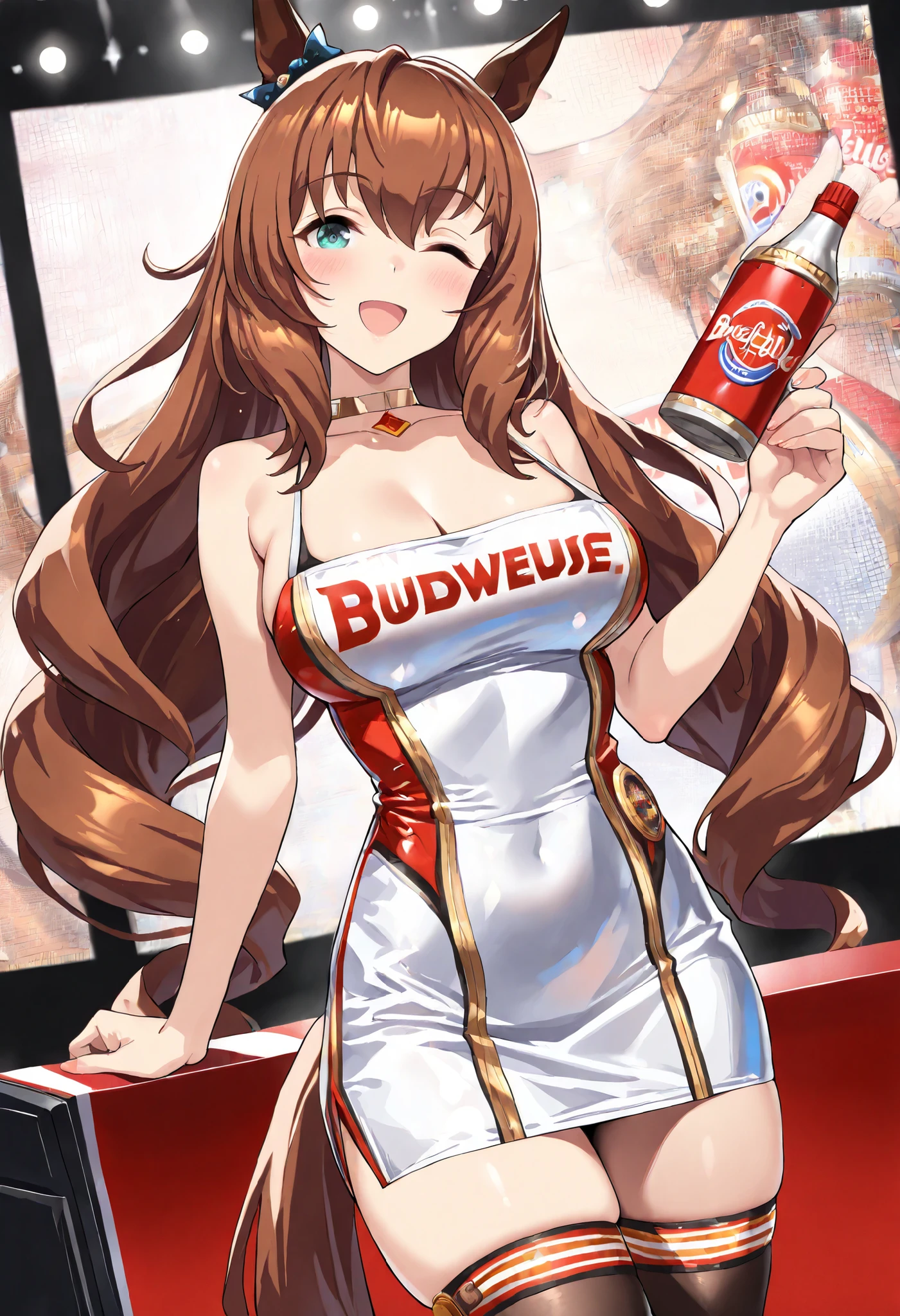 (masterpiece, best quality, perfect face:1.4), wide angle, maruzensky \(umamusume\), 1girl, horse ears, blue ear ribbon, ear ornament, horse tail, tail on the lower back, proportional body, proportional, beautiful hair, beautiful face, beautiful detailed eyes, beautiful clavicle, beautiful body, beautiful chest, beautiful thigh, beautiful legs, beautiful fingers, looking at viewer, BREAK, (wearing a white bodycon dress with Budweiser logo), (costume with Budweiser logo:1.3), (beautiful Budweiser girl 1.5), spaghetti straps, black Stockings, BREAK, blush happy smile (open mouth), one eyed closed, textured skin, realistic skin, HDR, BREAK, good hands,
