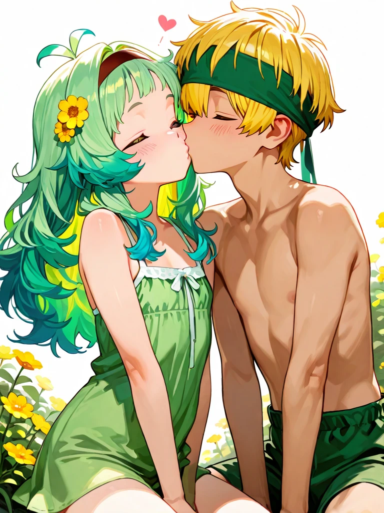absurdres, highres, ultra detailed, HDR, master piece, best quality, extremely detailed face, delicated features, (caster) Gilgamesh, messy blonde hair, expressive red eyes, fate grand order, Enkidu, green hair, expressive blue eyes, two sexy men together, gay couple, yaoi, handsome, toned chest, arabian, golden earrings, jewelry, cropped black vest sleeveless, water, blossoms, pink flowers, pink butterflies, fantasy, magic, radiant